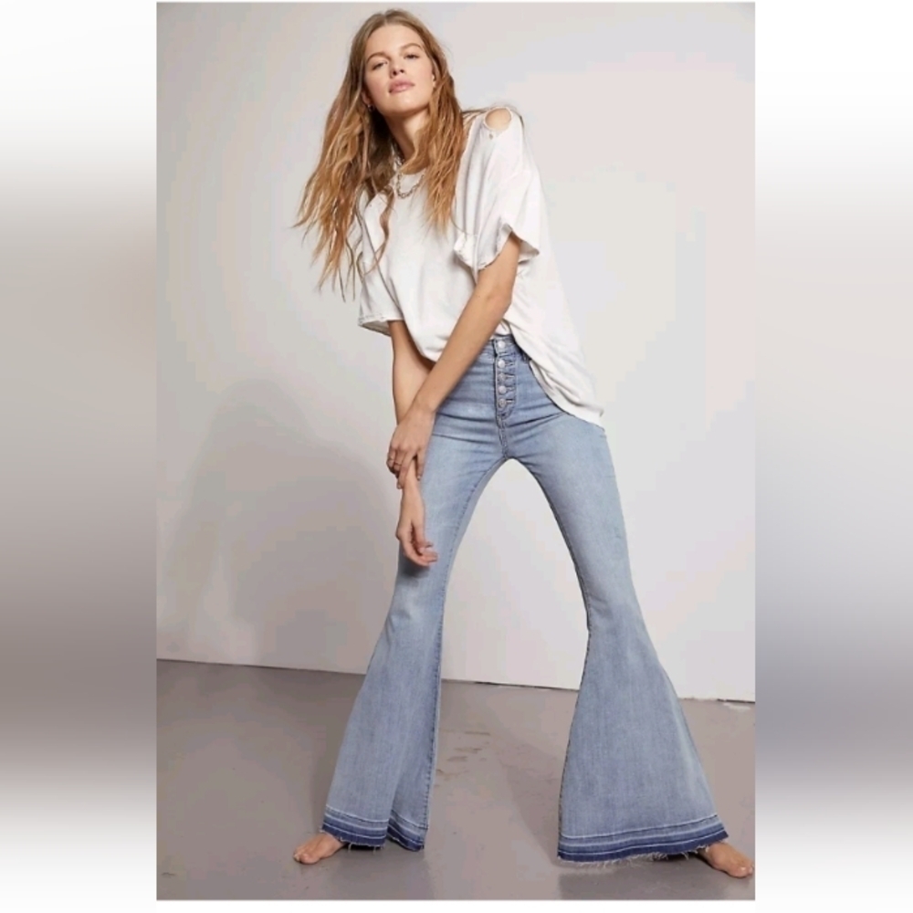 Free People Irreplaceable Flare Leg Jeans Exposed Fly Kent Blue sz 26